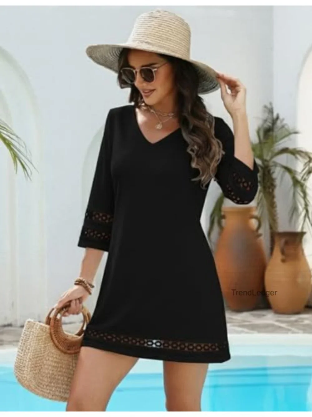 Women's V-Neck Eyelet Cover Up Summer Beach Dress 3/4 Sleeve